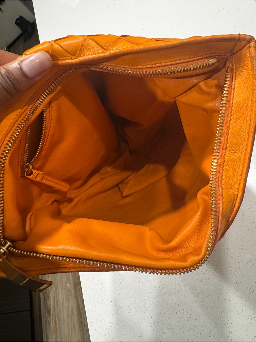 Bottega Veneta Orange Leather Zip Pouch with Gold Hardware - Picture 3 of 5